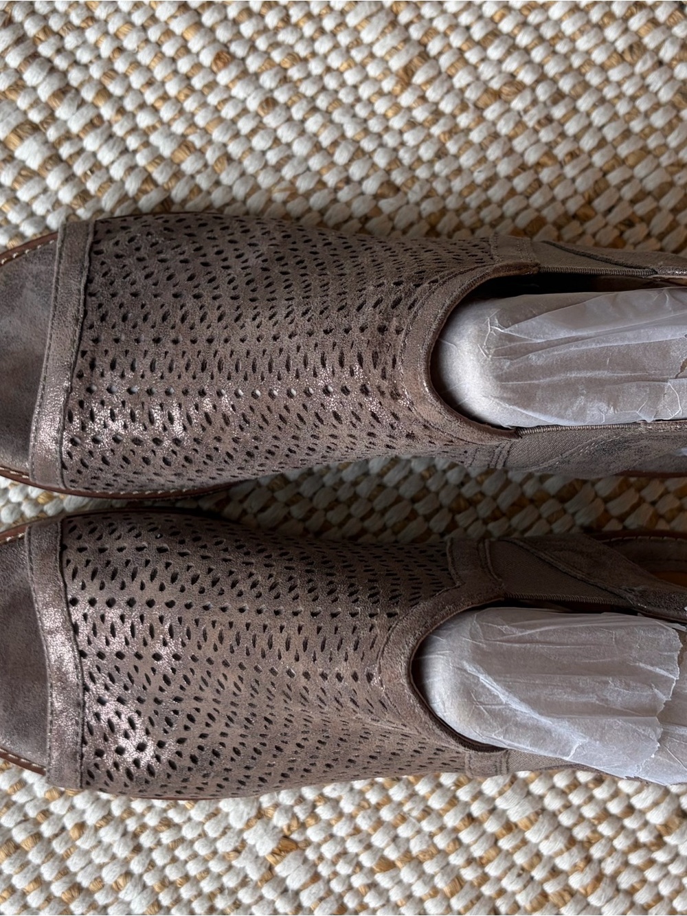 Sofft Perforated Peep-Toe Slingback Mules in Taupe Brown